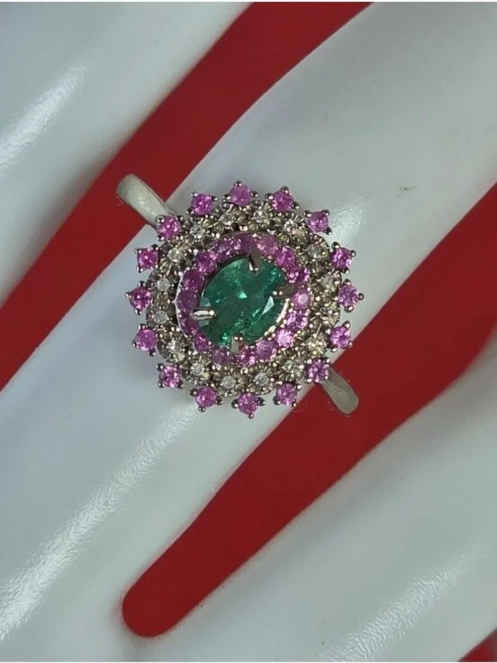 925 Sterling Silver Ring 7.5 with Natural Emerald Sapphires & Diamonds